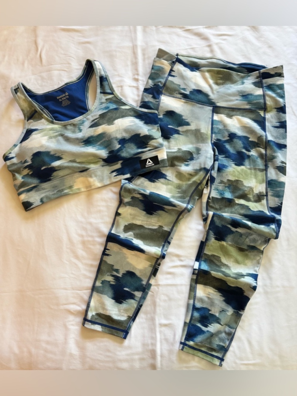 Women’s Reebok Blue and Green Camo Active Wear Sports Bra & Leggings Set